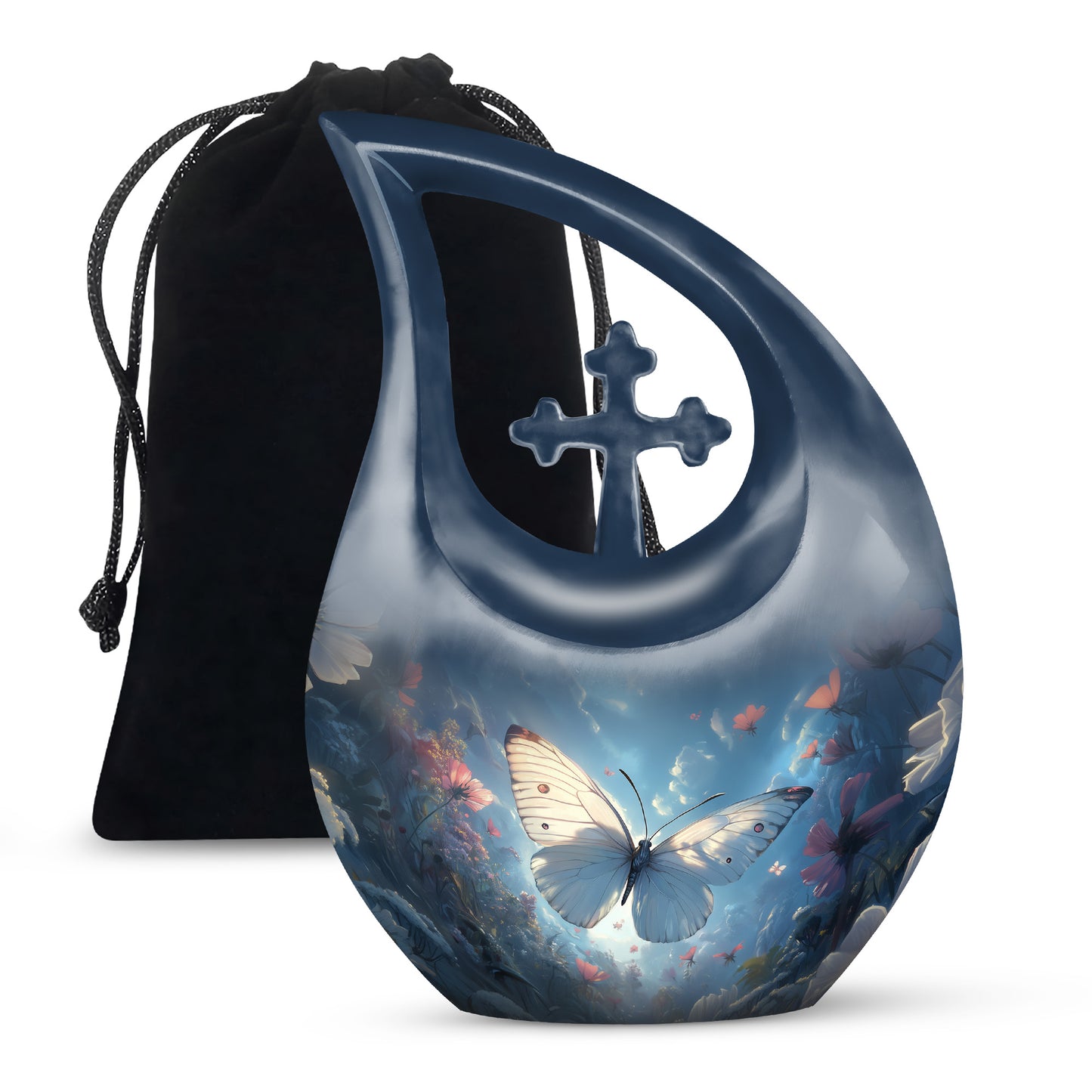 Serene Blue Butterfly Cremation Urn top-down view of secure threaded lid - faith-inspired cross-drop urn with butterfly pattern - full-size 10 inch 200 cubic inch adult cremation urn
