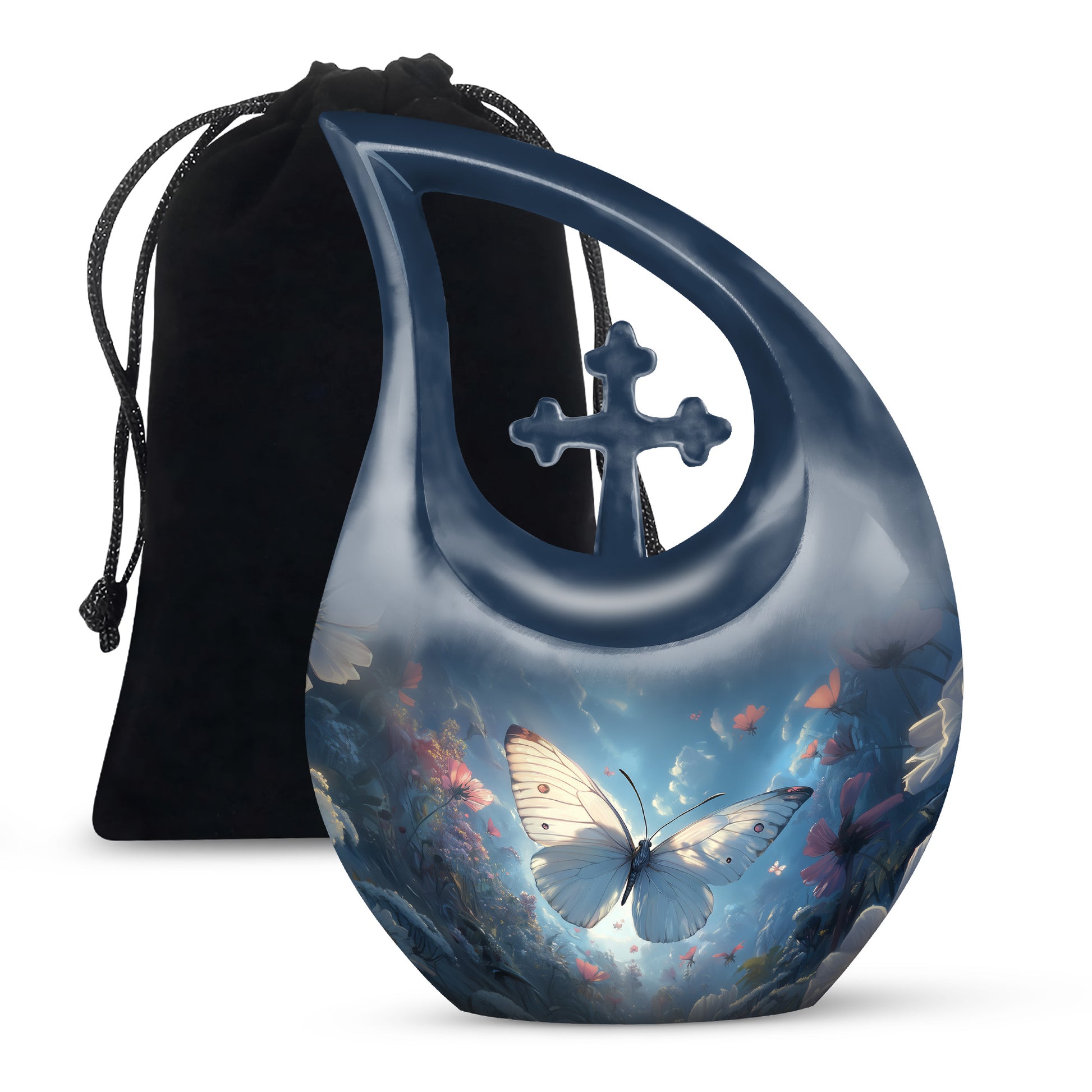 Serene Blue Butterfly Cremation Urn top-down view of secure threaded lid - faith-inspired cross-drop urn with butterfly pattern - full-size 10 inch 200 cubic inch adult cremation urn