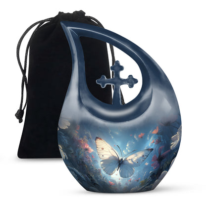 Serene Blue Butterfly Cremation Urn top-down view of secure threaded lid - faith-inspired cross-drop urn with butterfly pattern - full-size 10 inch 200 cubic inch adult cremation urn