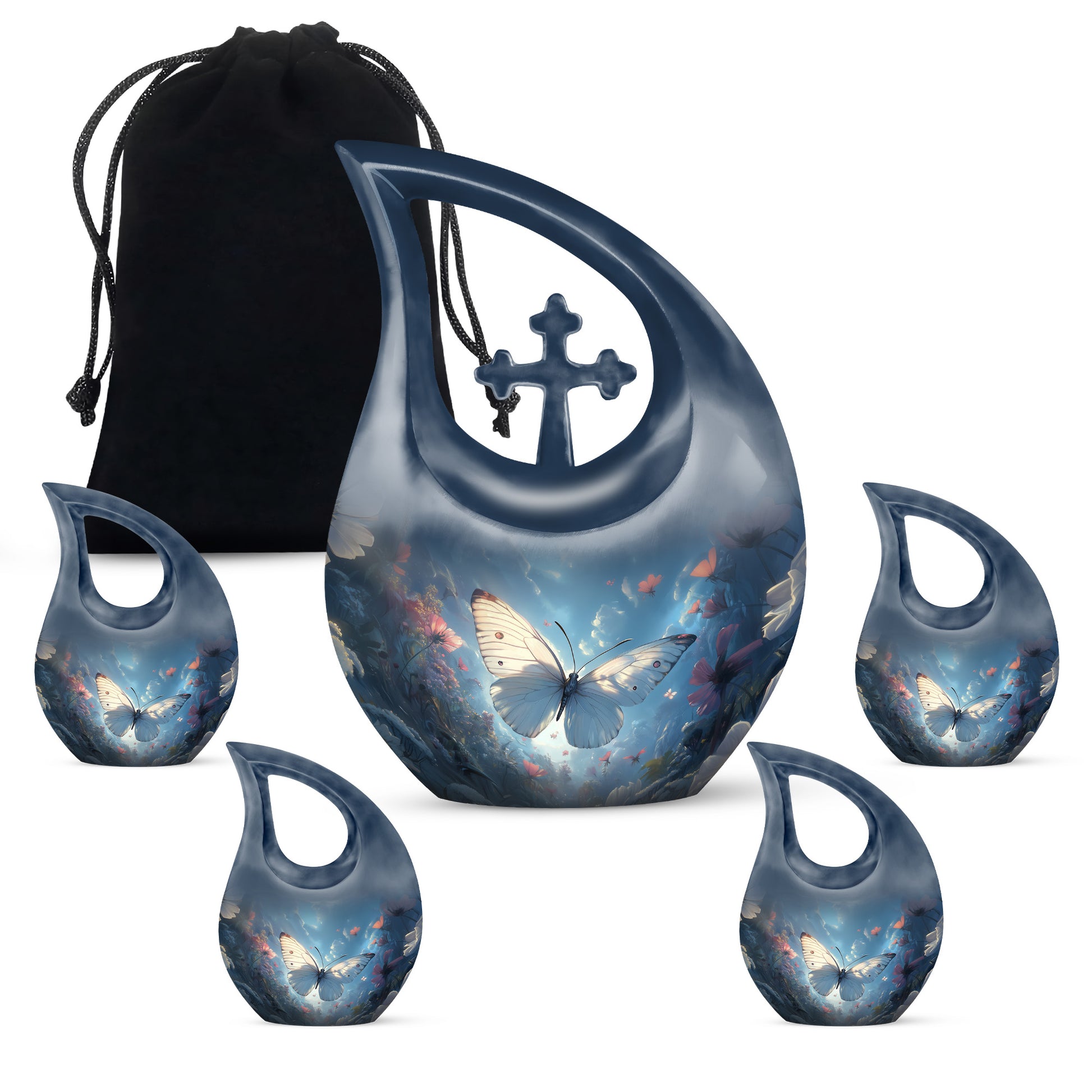Navy Blue Butterfly Cremation Urn urn with complimentary velvet bag - cross and butterfly combined in spiritual memorial design - memorial set with one large and four small urns