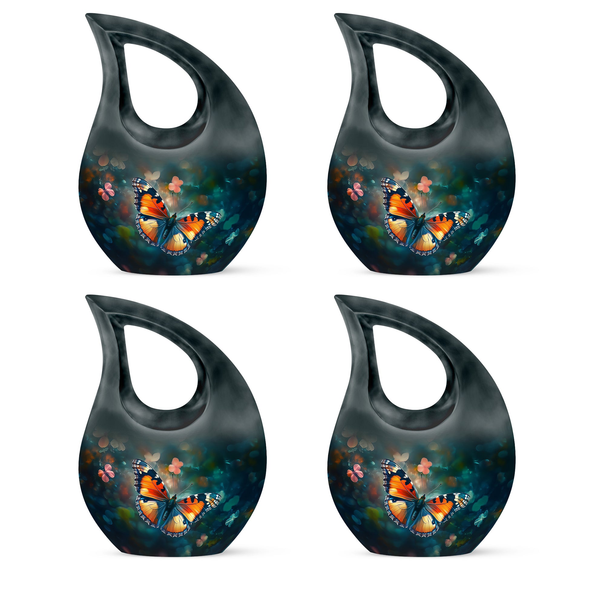 Mystic Teal Butterfly Cremation Urn lifestyle display on memorial shelf - faith-inspired cross-drop urn with butterfly pattern - 10 inch aluminum urn for cremated remains