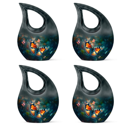 Mystic Teal Butterfly Cremation Urn lifestyle display on memorial shelf - faith-inspired cross-drop urn with butterfly pattern - 10 inch aluminum urn for cremated remains