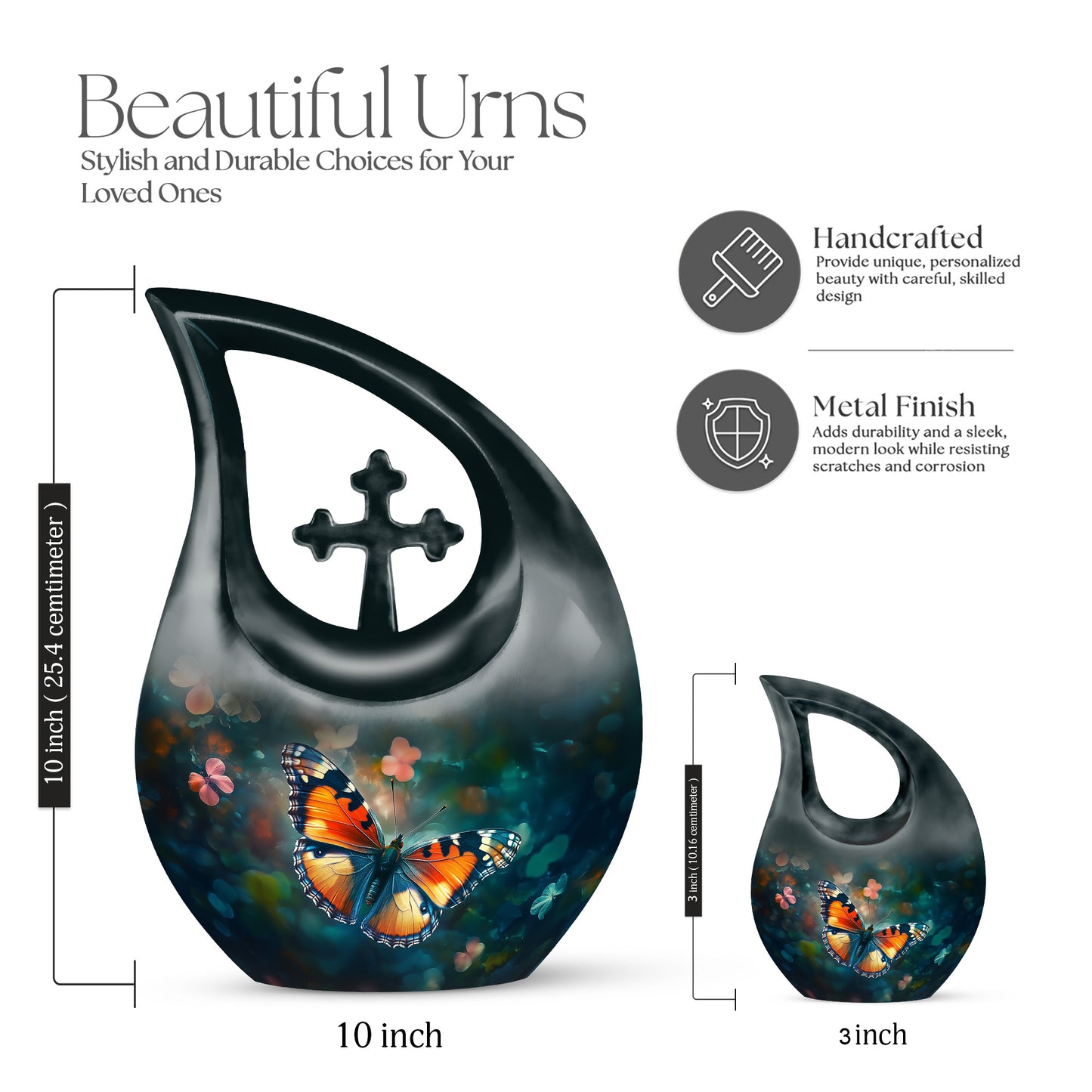 Aqua Teal Butterfly Cremation Urn back view with polished surface - faith-inspired cross-drop urn with butterfly pattern - mini keepsake memorial for portion of cremation ashes