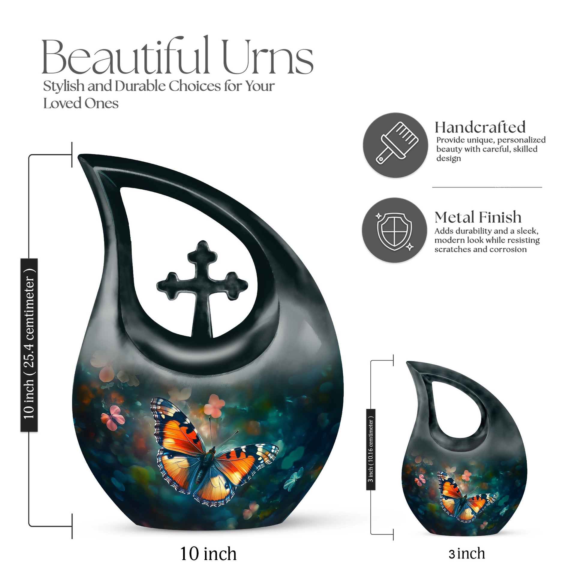 Aqua Teal Butterfly Cremation Urn back view with polished surface - faith-inspired cross-drop urn with butterfly pattern - mini keepsake memorial for portion of cremation ashes
