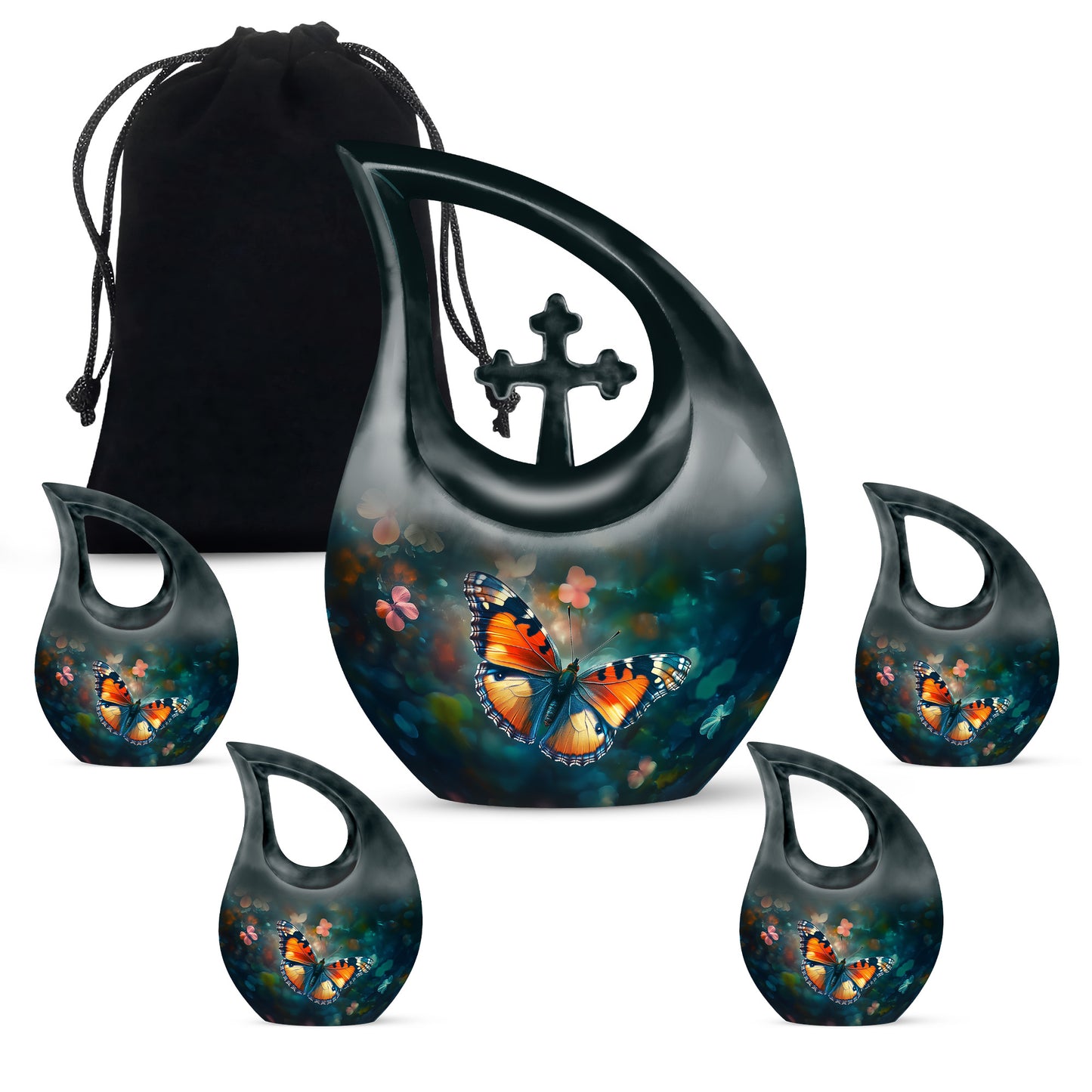 Sea Green Teal Butterfly Cremation Urn urn with complimentary velvet bag - sacred cross merged with butterfly motif on metal - memorial set with one large and four small urns