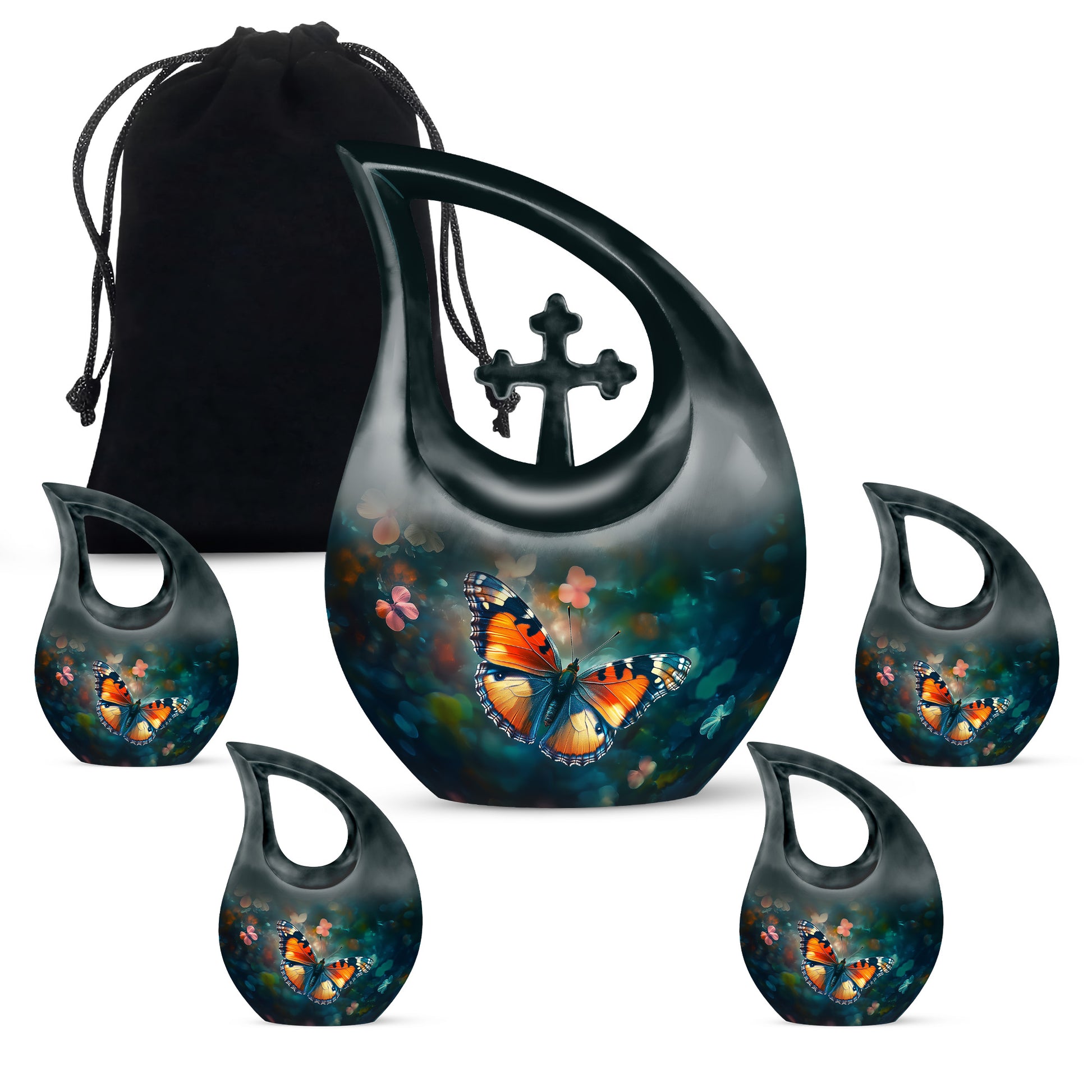 Sea Green Teal Butterfly Cremation Urn urn with complimentary velvet bag - sacred cross merged with butterfly motif on metal - memorial set with one large and four small urns