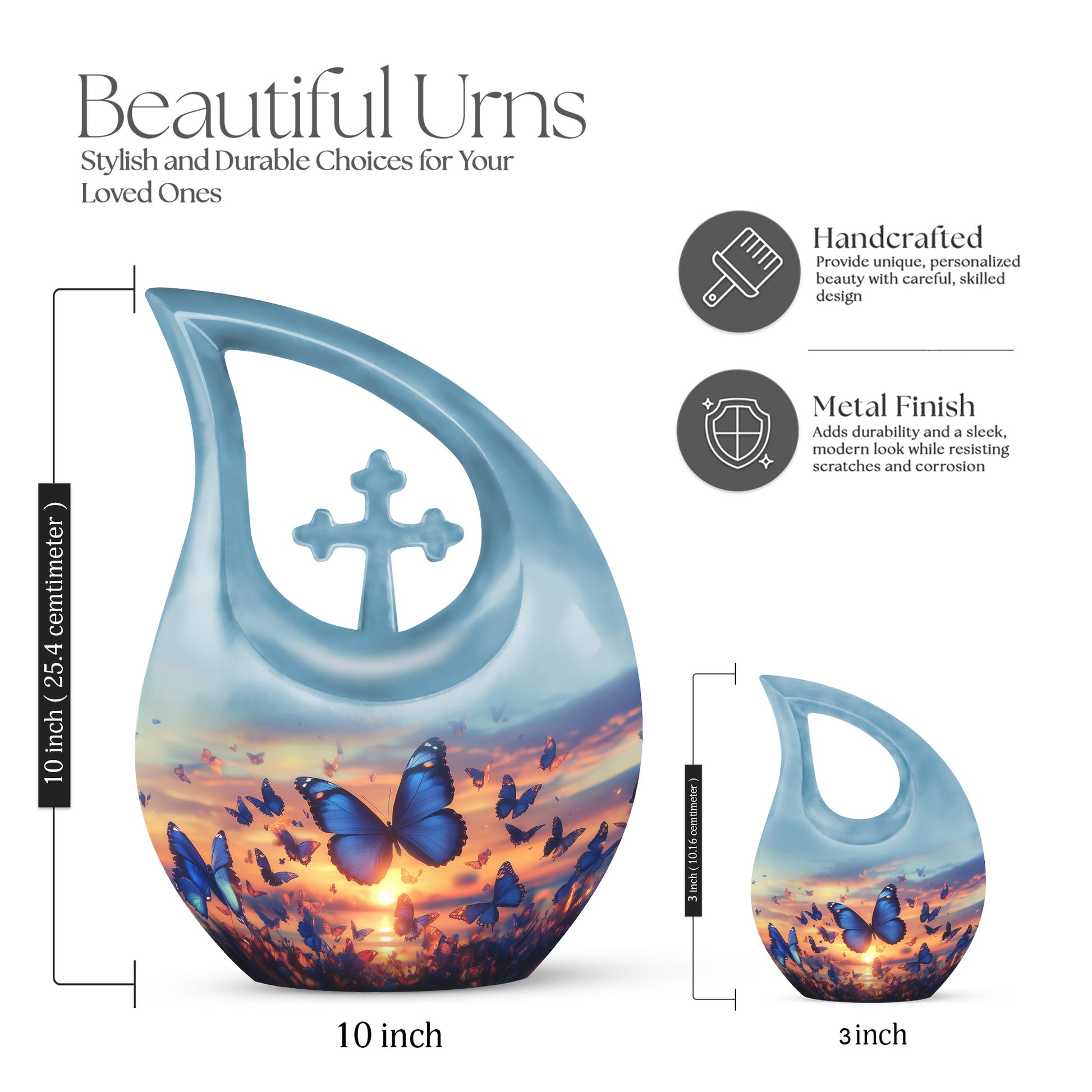 Bright Blue Butterfly Cremation Urn back view with polished surface - faith-inspired cross-drop urn with butterfly pattern - mini keepsake memorial for portion of cremation ashes