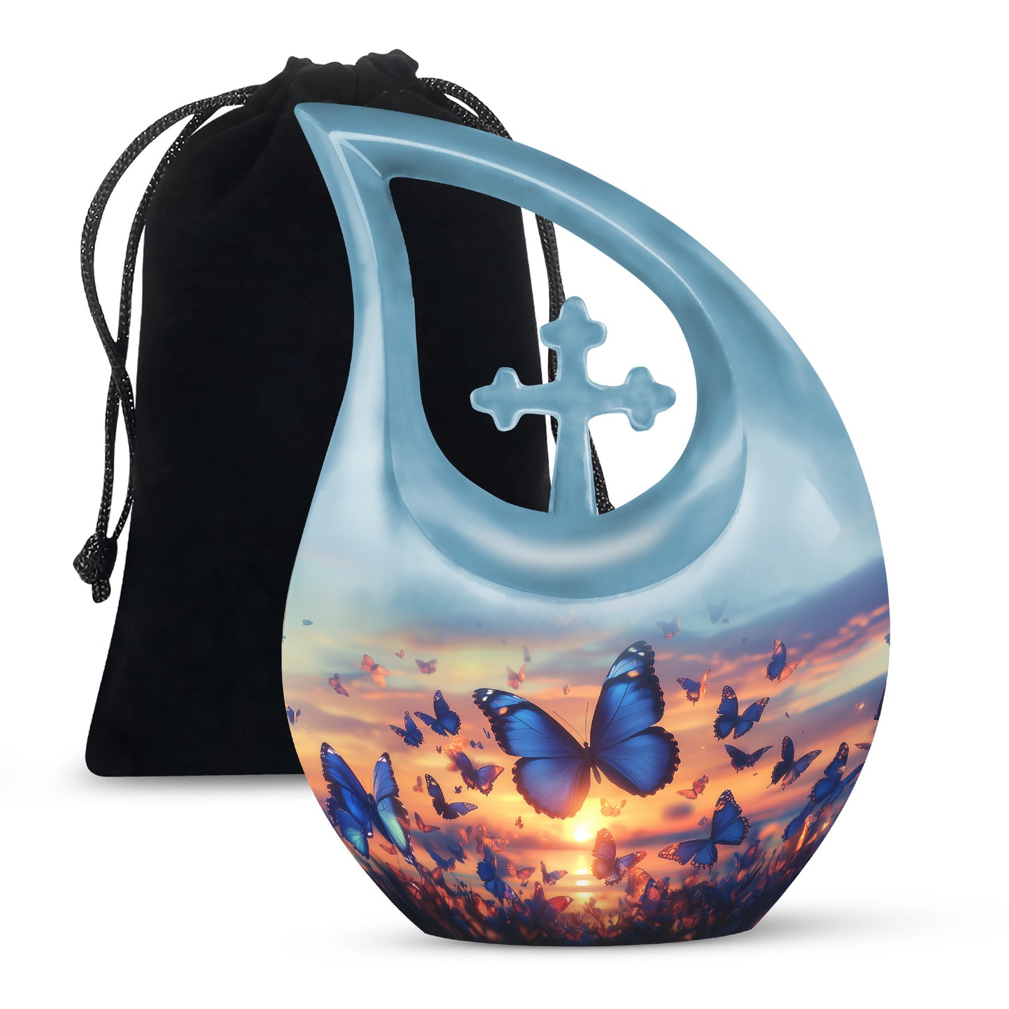 Navy Blue Butterfly Cremation Urn top-down view of secure threaded lid - sacred cross merged with butterfly motif on metal - full-size 10 inch 200 cubic inch adult cremation urn