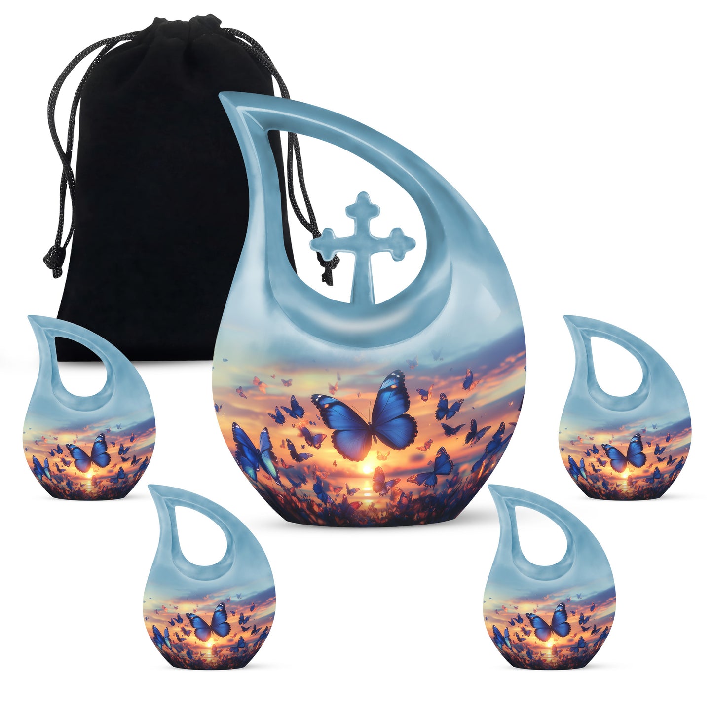Azure Butterfly Cremation Urn urn with complimentary velvet bag - sacred cross merged with butterfly motif on metal - memorial set with one large and four small urns