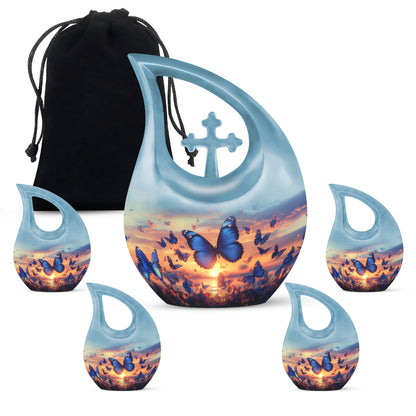 Azure Butterfly Cremation Urn urn with complimentary velvet bag - sacred cross merged with butterfly motif on metal - memorial set with one large and four small urns