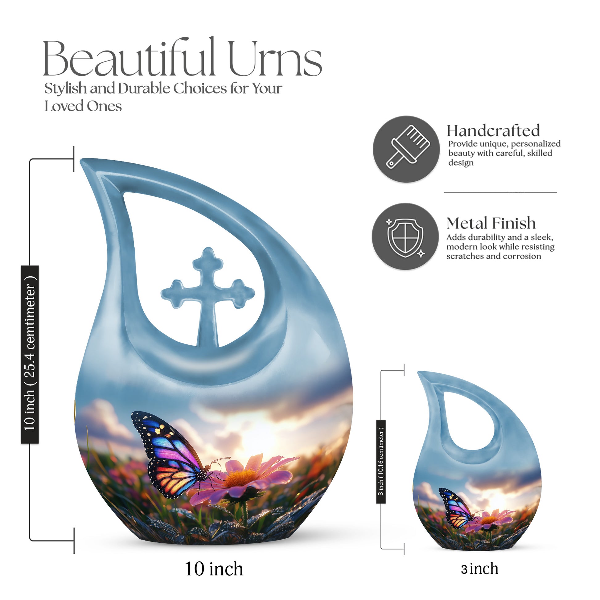 Serene Blue Butterfly Cremation Urn back view with polished surface - faith-inspired cross-drop urn with butterfly pattern - mini keepsake memorial for portion of cremation ashes