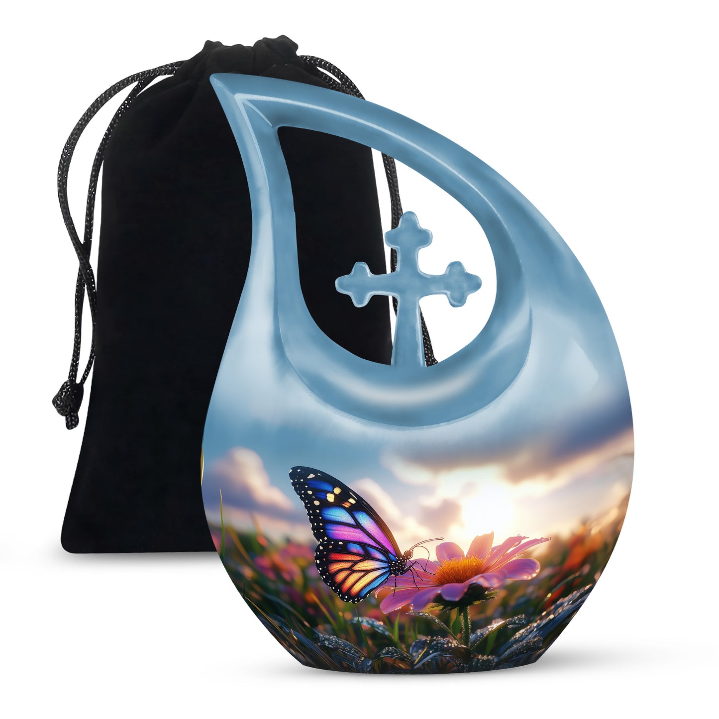 Steel Blue Butterfly Cremation Urn top-down view of secure threaded lid - faith-inspired cross-drop urn with butterfly pattern - full-size 10 inch 200 cubic inch adult cremation urn