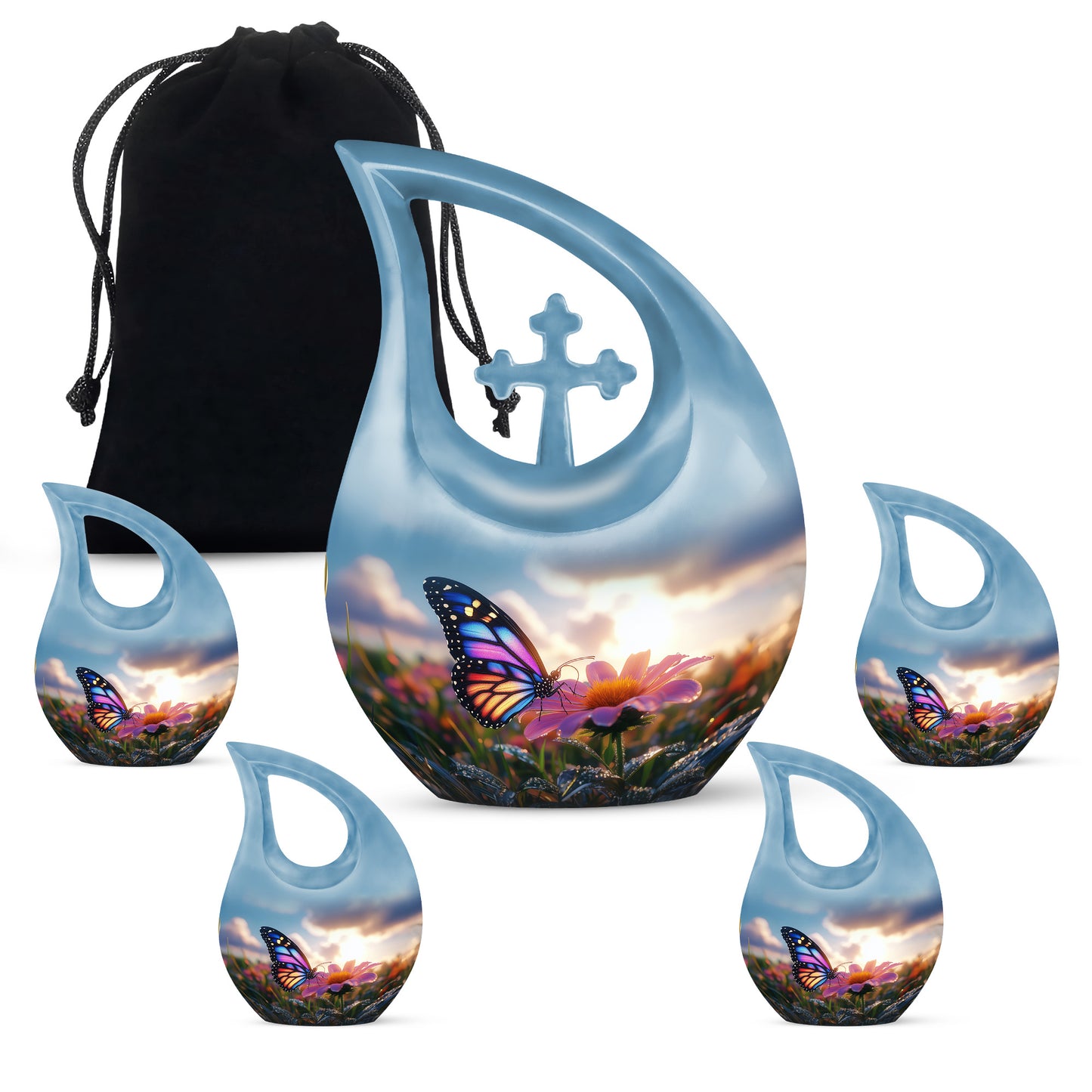 Pastel Blue Butterfly Cremation Urn urn with complimentary velvet bag - cross and butterfly combined in spiritual memorial design - memorial set with one large and four small urns