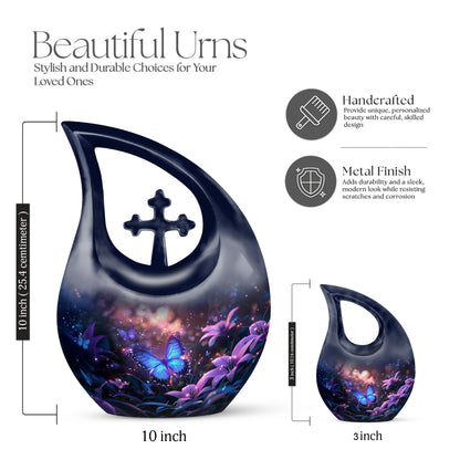 Rose Pink Butterfly Cremation Urn back view with polished surface - cross and butterfly combined in spiritual memorial design - mini keepsake memorial for portion of cremation ashes