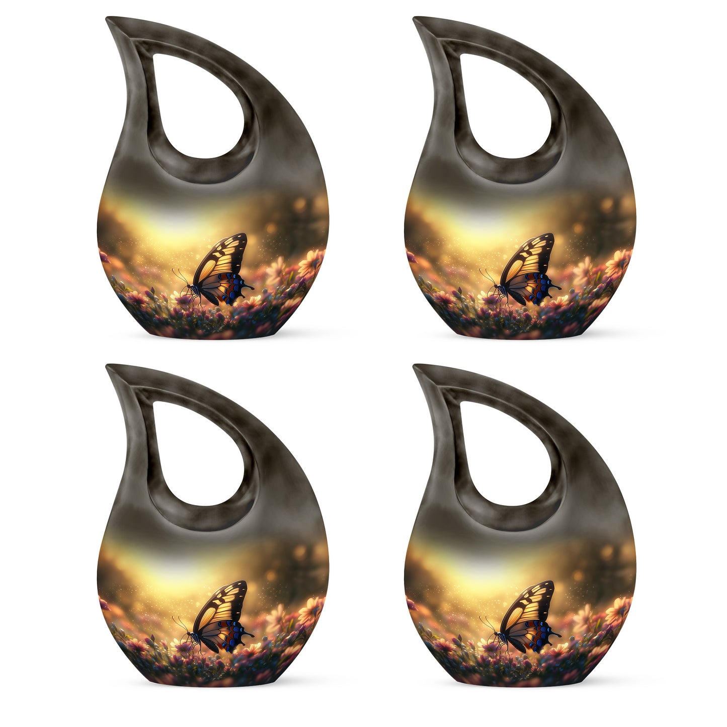 Gilded Gold Butterfly Cremation Urn lifestyle display on memorial shelf - sacred cross merged with butterfly motif on metal - 10 inch aluminum urn for cremated remains