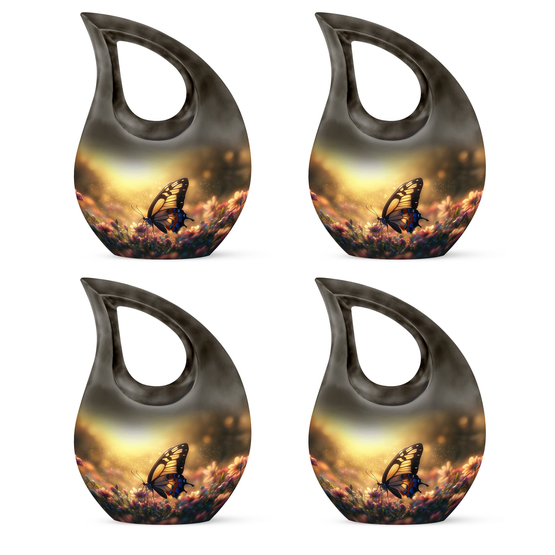 Gilded Gold Butterfly Cremation Urn lifestyle display on memorial shelf - sacred cross merged with butterfly motif on metal - 10 inch aluminum urn for cremated remains