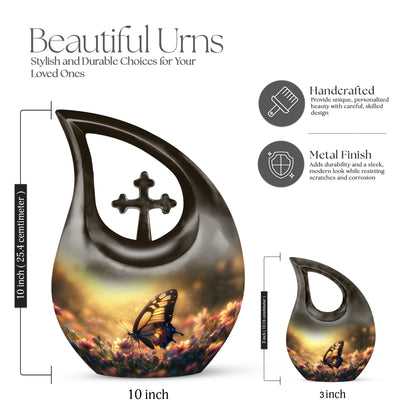 Burnished Gold Butterfly Cremation Urn back view with polished surface - faith-inspired cross-drop urn with butterfly pattern - mini keepsake memorial for portion of cremation ashes