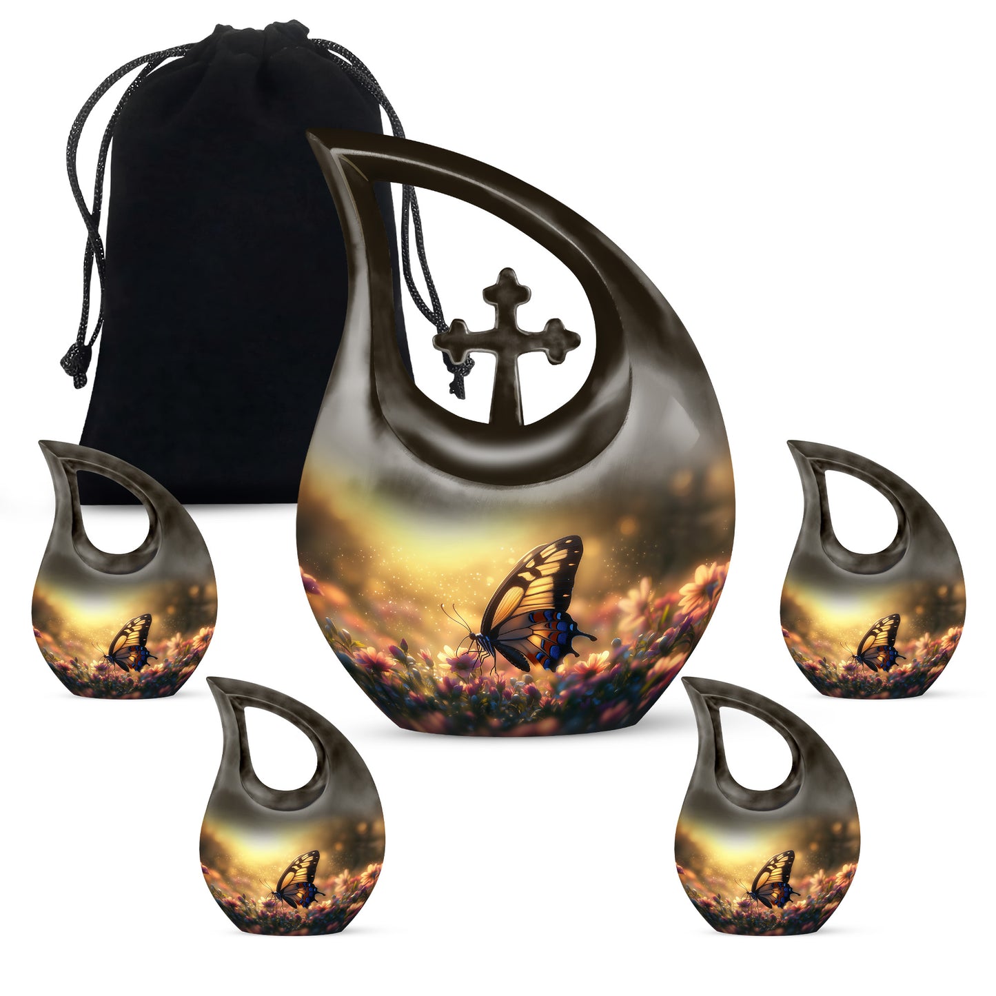 Warm Gold Butterfly Cremation Urn urn with complimentary velvet bag - devotional cross-drop butterfly engraving - memorial set with one large and four small urns