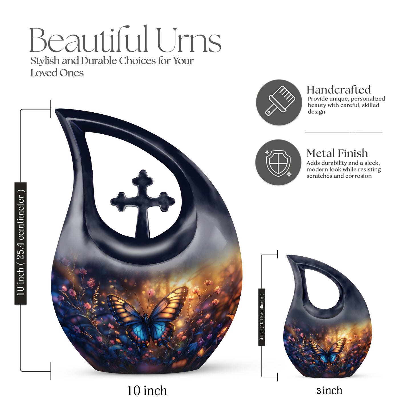 Warm Gold Butterfly Cremation Urn back view with polished surface - devotional cross-drop butterfly engraving - mini keepsake memorial for portion of cremation ashes