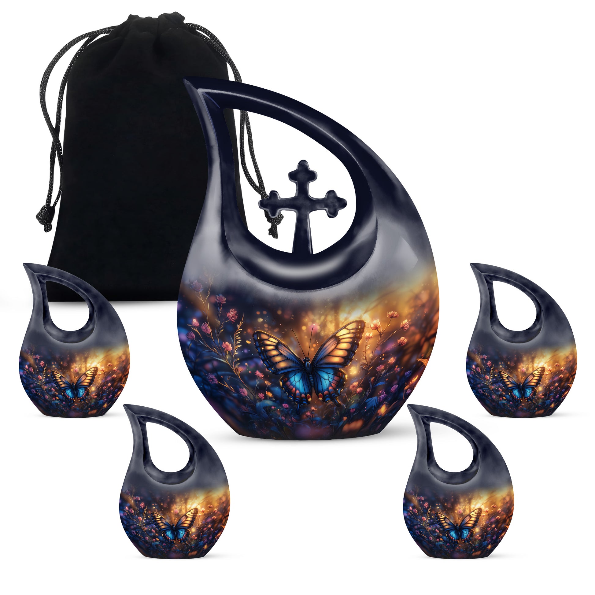 Harvest Gold Butterfly Cremation Urn urn with complimentary velvet bag - faith-inspired cross-drop urn with butterfly pattern - memorial set with one large and four small urns