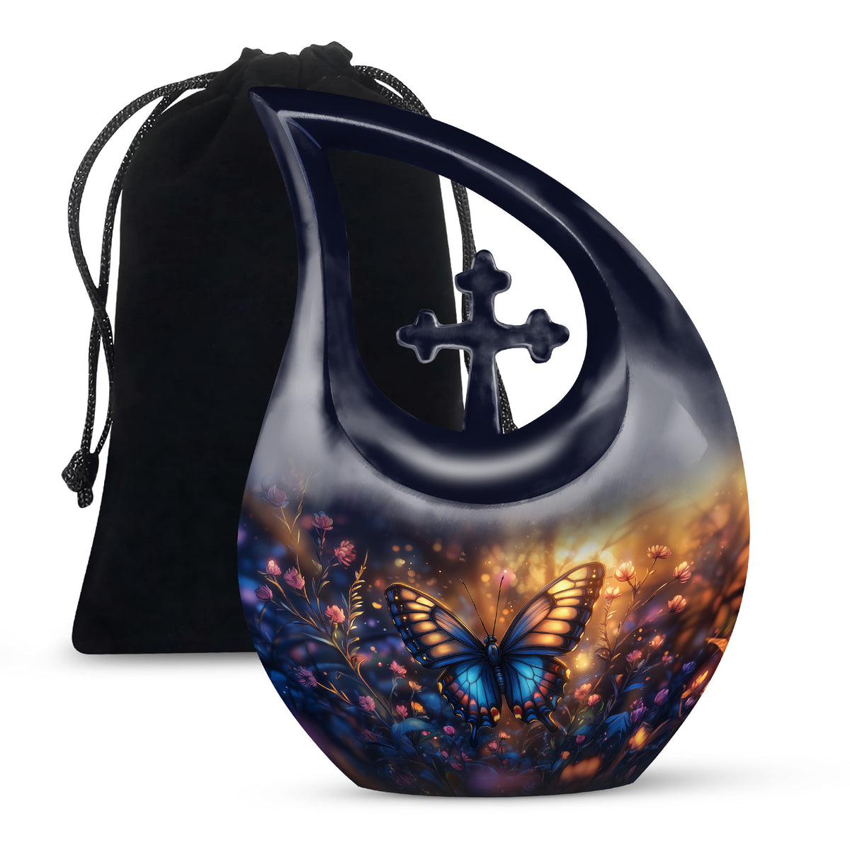 Harvest Gold Butterfly Cremation Urn top-down view of secure threaded lid - devotional cross-drop butterfly engraving - full-size 10 inch 200 cubic inch adult cremation urn