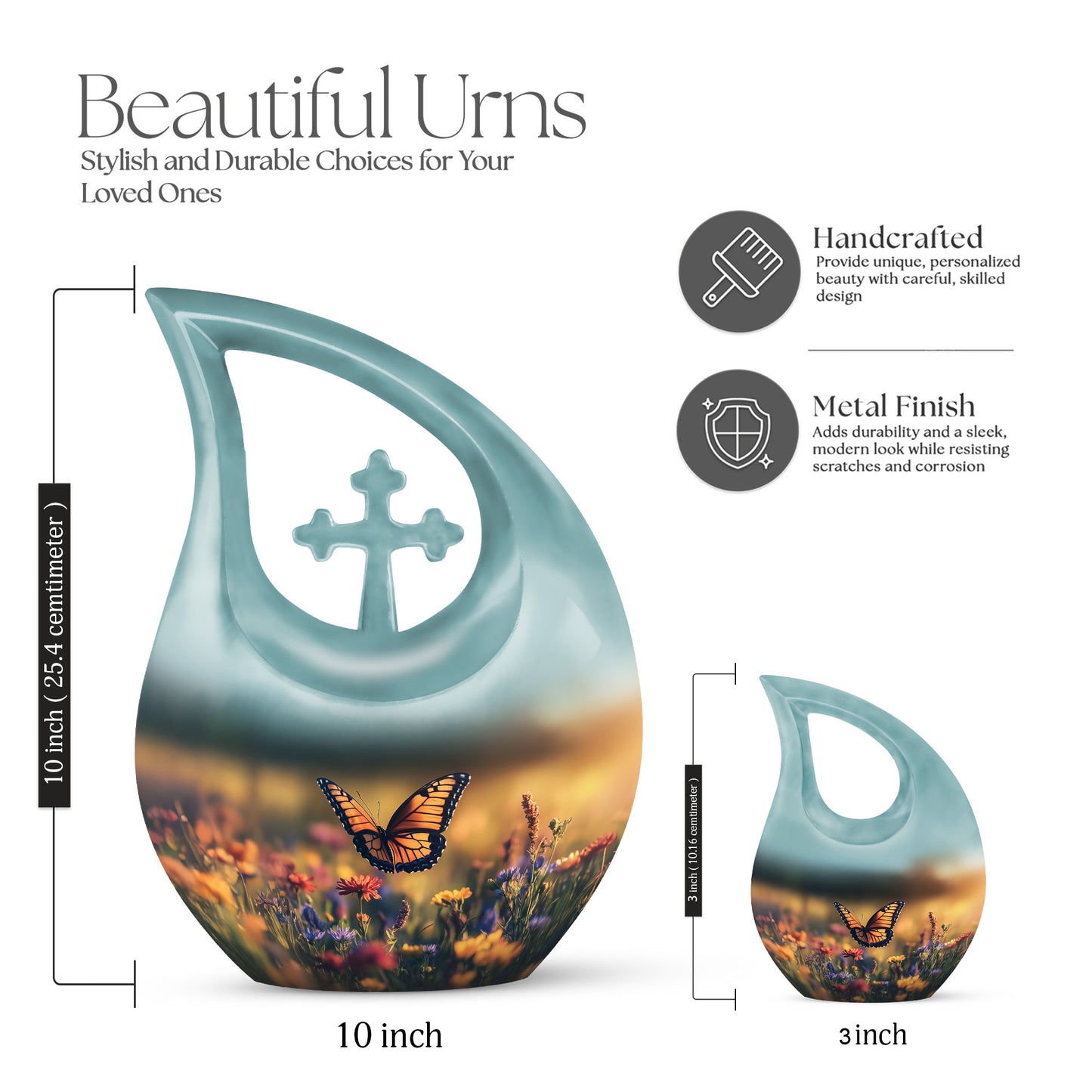 Dark Black Butterfly Cremation Urn back view with polished surface - faith-inspired cross-drop urn with butterfly pattern - mini keepsake memorial for portion of cremation ashes