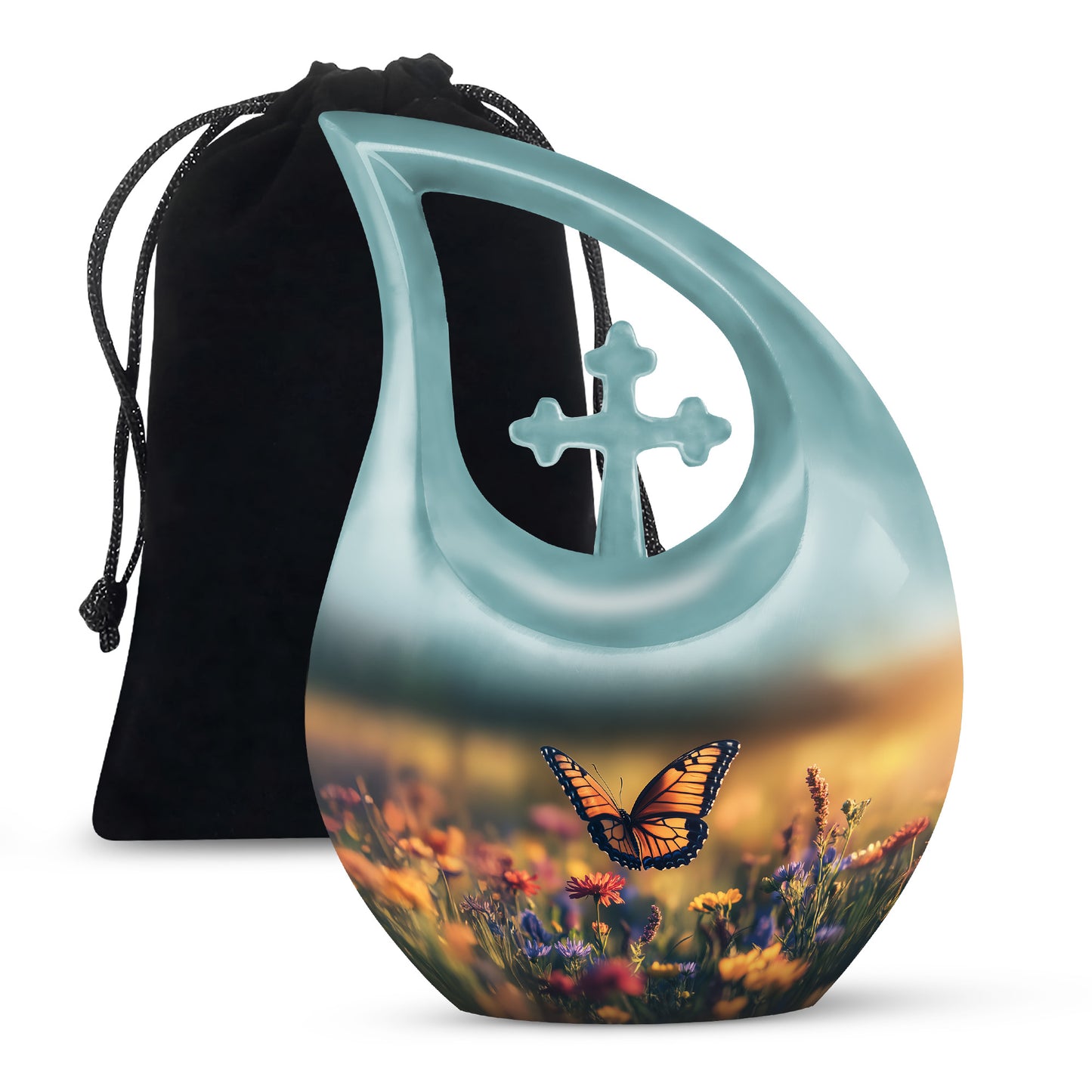 Deep Black Butterfly Cremation Urn top-down view of secure threaded lid - sacred cross merged with butterfly motif on metal - full-size 10 inch 200 cubic inch adult cremation urn