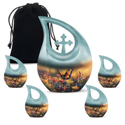 Glossy Black Butterfly Cremation Urn urn with complimentary velvet bag - sacred cross merged with butterfly motif on metal - memorial set with one large and four small urns