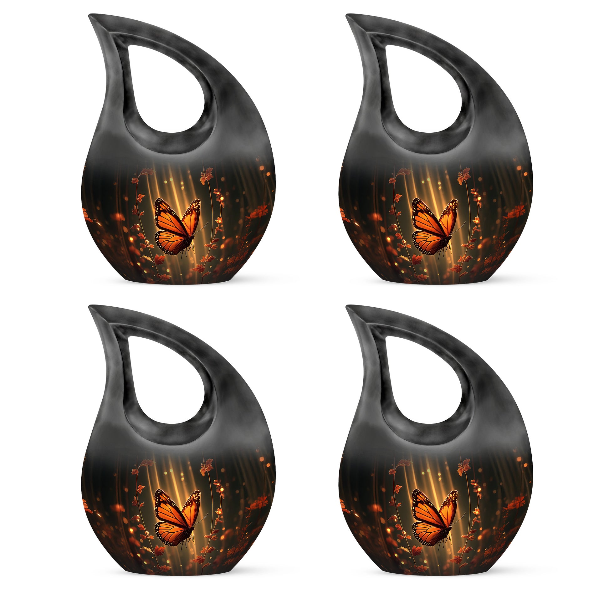Ebony Butterfly Cremation Urn lifestyle display on memorial shelf - sacred cross merged with butterfly motif on metal - 10 inch aluminum urn for cremated remains