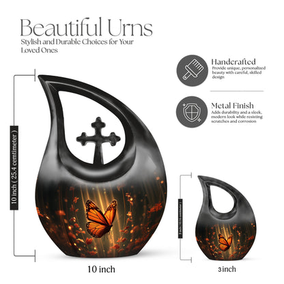 Jet Black Butterfly Cremation Urn back view with polished surface - cross and butterfly combined in spiritual memorial design - mini keepsake memorial for portion of cremation ashes