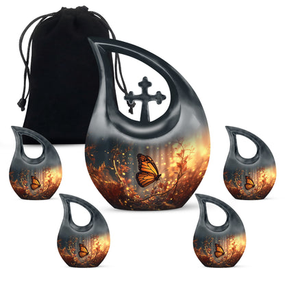 Misty Blue Butterfly Cremation Urn urn with complimentary velvet bag - sacred cross merged with butterfly motif on metal - memorial set with one large and four small urns