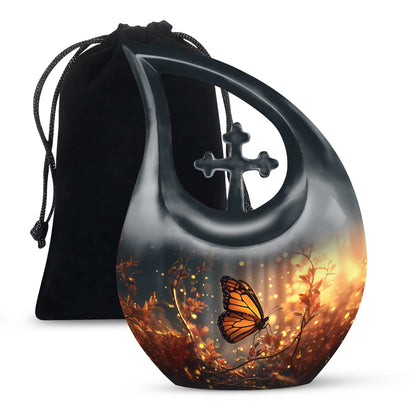 Indigo Butterfly Cremation Urn top-down view of secure threaded lid - sacred cross merged with butterfly motif on metal - full-size 10 inch 200 cubic inch adult cremation urn