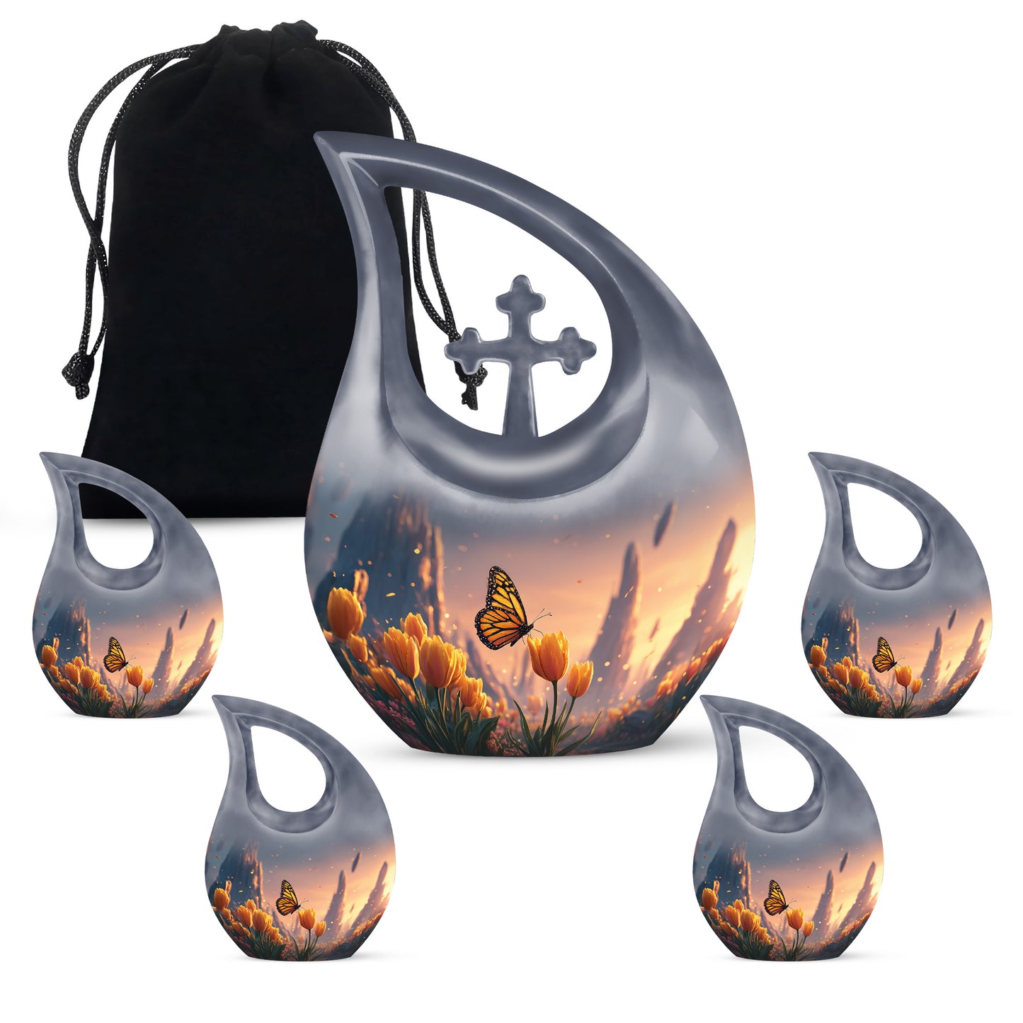 Garnet Red Butterfly Cremation Urn urn with complimentary velvet bag - sacred cross merged with butterfly motif on metal - memorial set with one large and four small urns