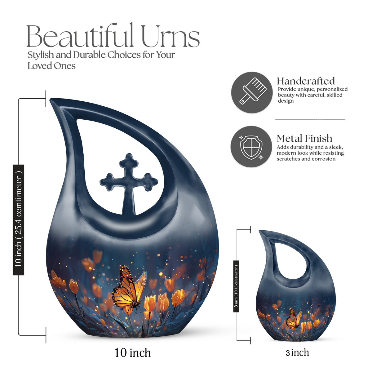 Vivid Blue Butterfly Cremation Urn back view with polished surface - devotional cross-drop butterfly engraving - mini keepsake memorial for portion of cremation ashes