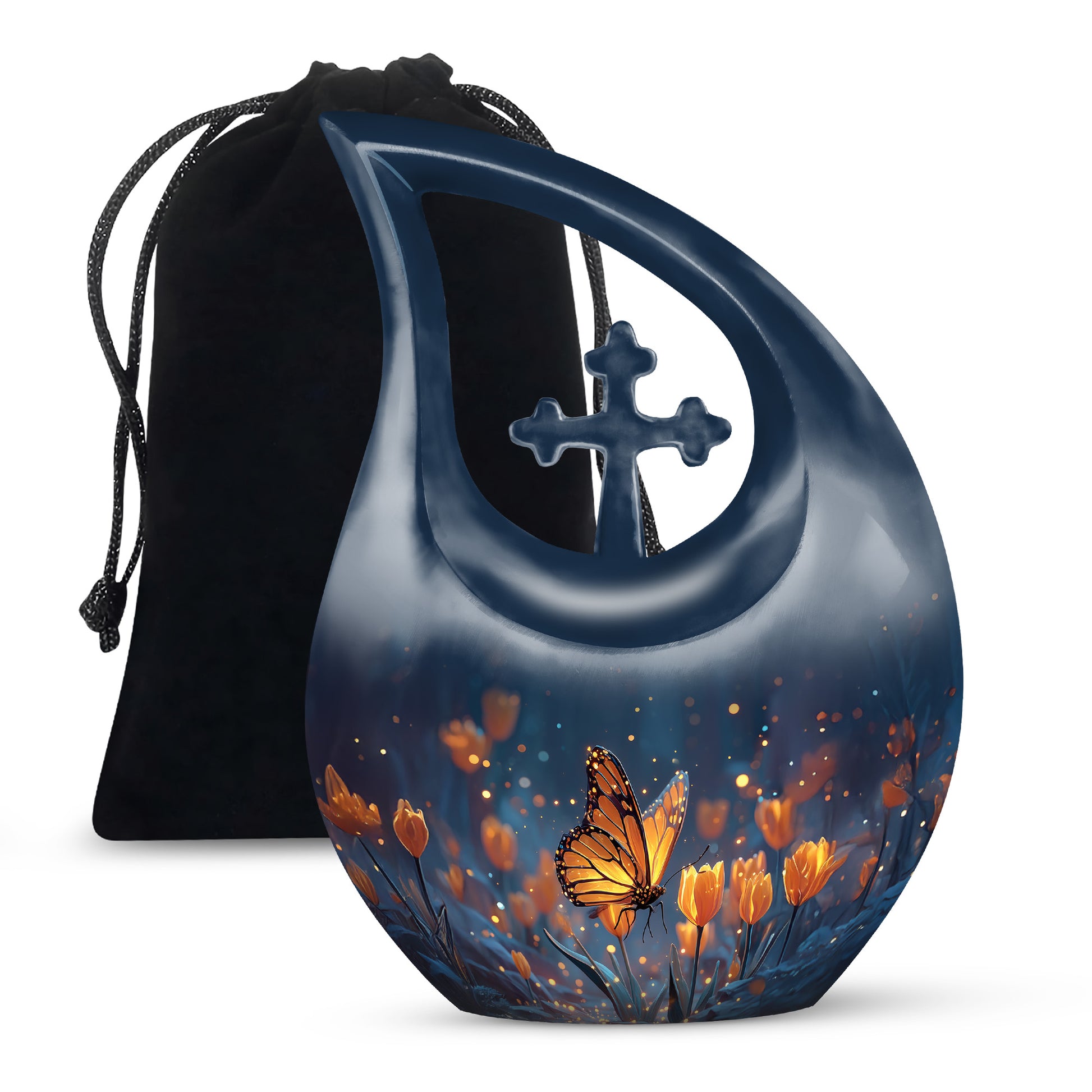 Serene Blue Butterfly Cremation Urn top-down view of secure threaded lid - devotional cross-drop butterfly engraving - full-size 10 inch 200 cubic inch adult cremation urn