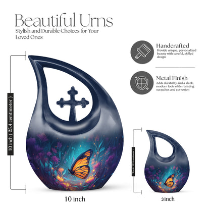Soft Blue Butterfly Cremation Urn back view with polished surface - faith-inspired cross-drop urn with butterfly pattern - mini keepsake memorial for portion of cremation ashes