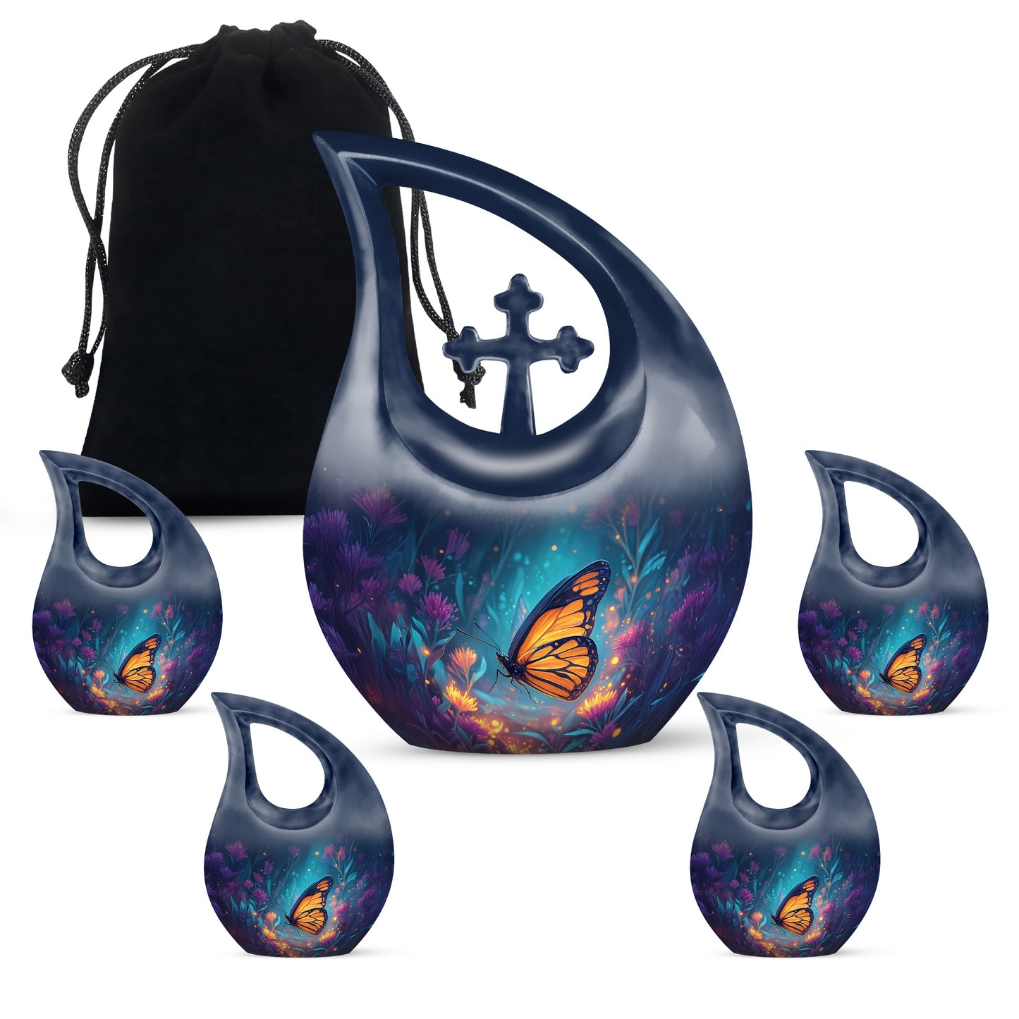 Sky Blue Butterfly Cremation Urn urn with complimentary velvet bag - sacred cross merged with butterfly motif on metal - memorial set with one large and four small urns