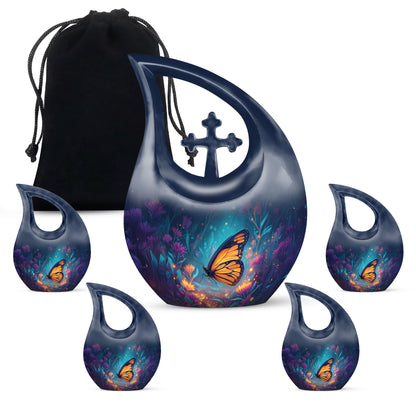 Sky Blue Butterfly Cremation Urn urn with complimentary velvet bag - sacred cross merged with butterfly motif on metal - memorial set with one large and four small urns