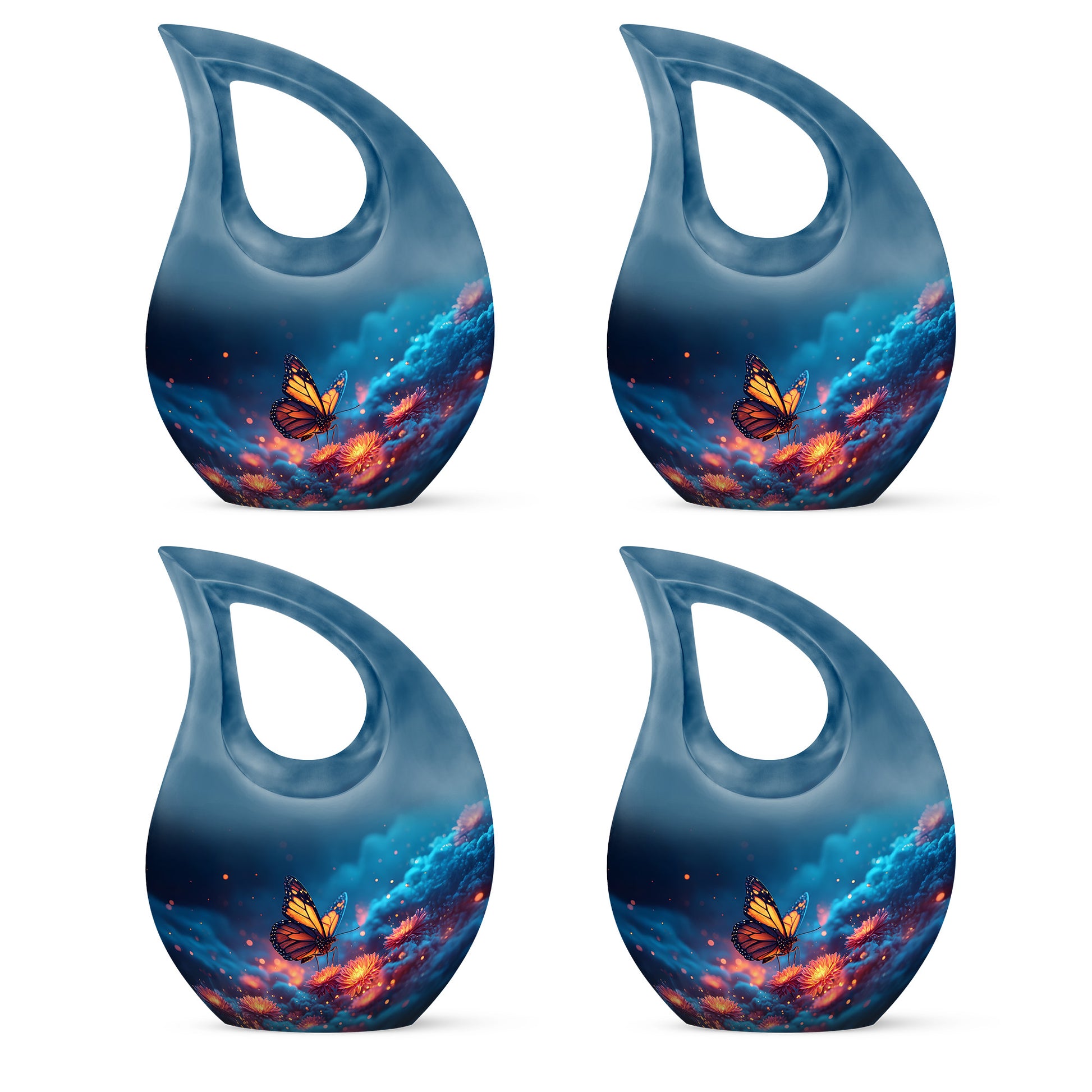 Serene Blue Butterfly Cremation Urn back view with polished surface - devotional cross-drop butterfly engraving - mini keepsake memorial for portion of cremation ashes