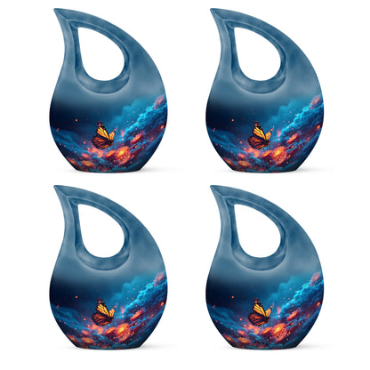 Serene Blue Butterfly Cremation Urn back view with polished surface - devotional cross-drop butterfly engraving - mini keepsake memorial for portion of cremation ashes
