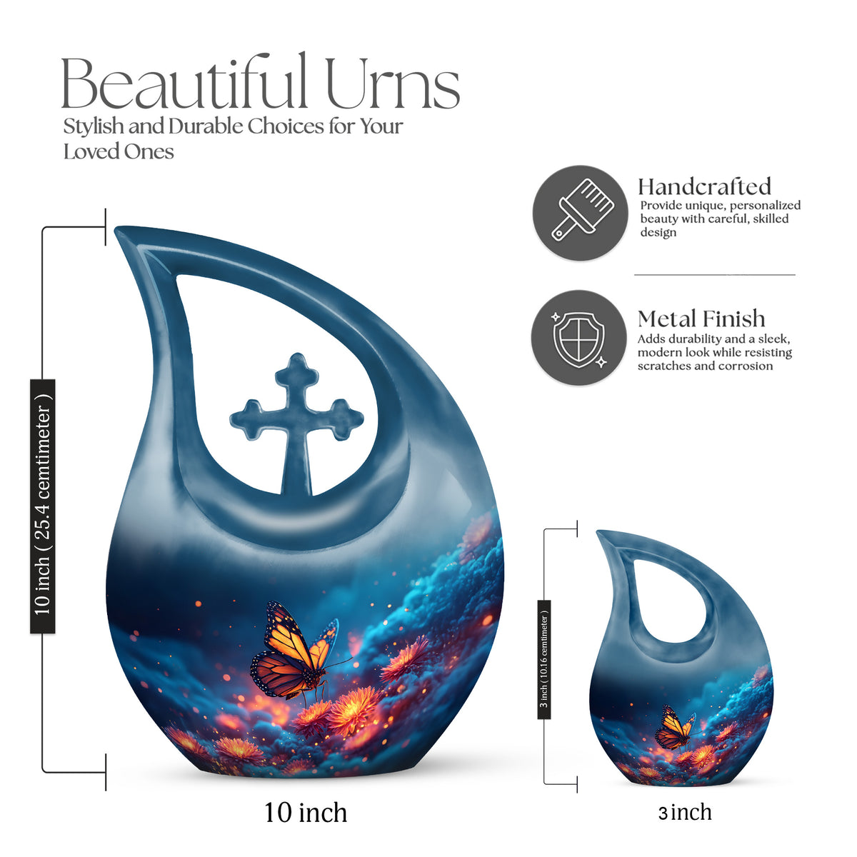 Icy Blue Butterfly Cremation Urn back view with polished surface - cross and butterfly combined in spiritual memorial design - mini keepsake memorial for portion of cremation ashes