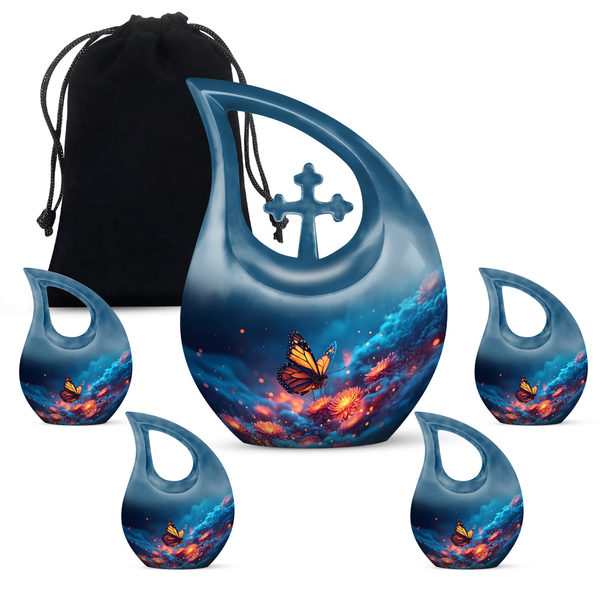 Vivid Blue Butterfly Cremation Urn urn with complimentary velvet bag - faith-inspired cross-drop urn with butterfly pattern - memorial set with one large and four small urns