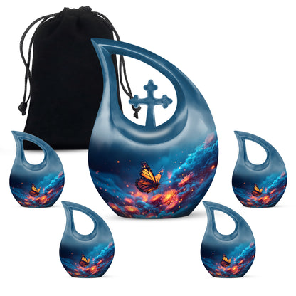Vivid Blue Butterfly Cremation Urn urn with complimentary velvet bag - faith-inspired cross-drop urn with butterfly pattern - memorial set with one large and four small urns
