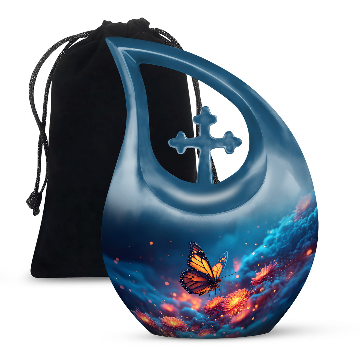 Vivid Blue Butterfly Cremation Urn top-down view of secure threaded lid - faith-inspired cross-drop urn with butterfly pattern - full-size 10 inch 200 cubic inch adult cremation urn
