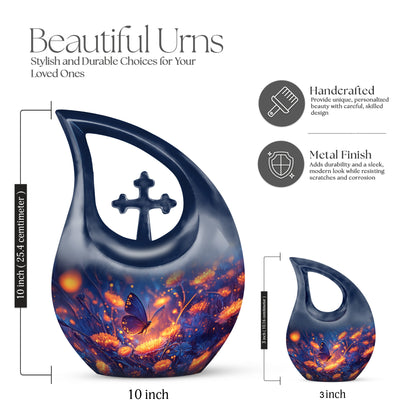 Navy Blue Butterfly Cremation Urn back view with polished surface - cross and butterfly combined in spiritual memorial design - mini keepsake memorial for portion of cremation ashes