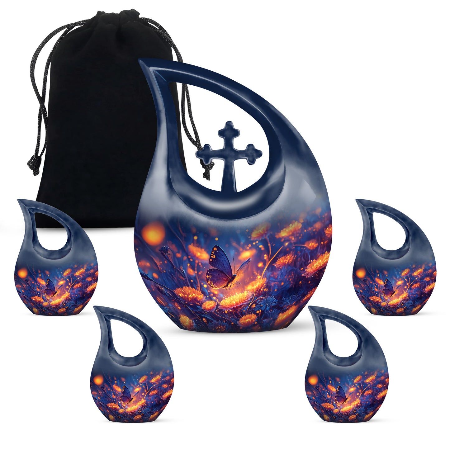 Twilight Blue Butterfly Cremation Urn urn with complimentary velvet bag - devotional cross-drop butterfly engraving - memorial set with one large and four small urns