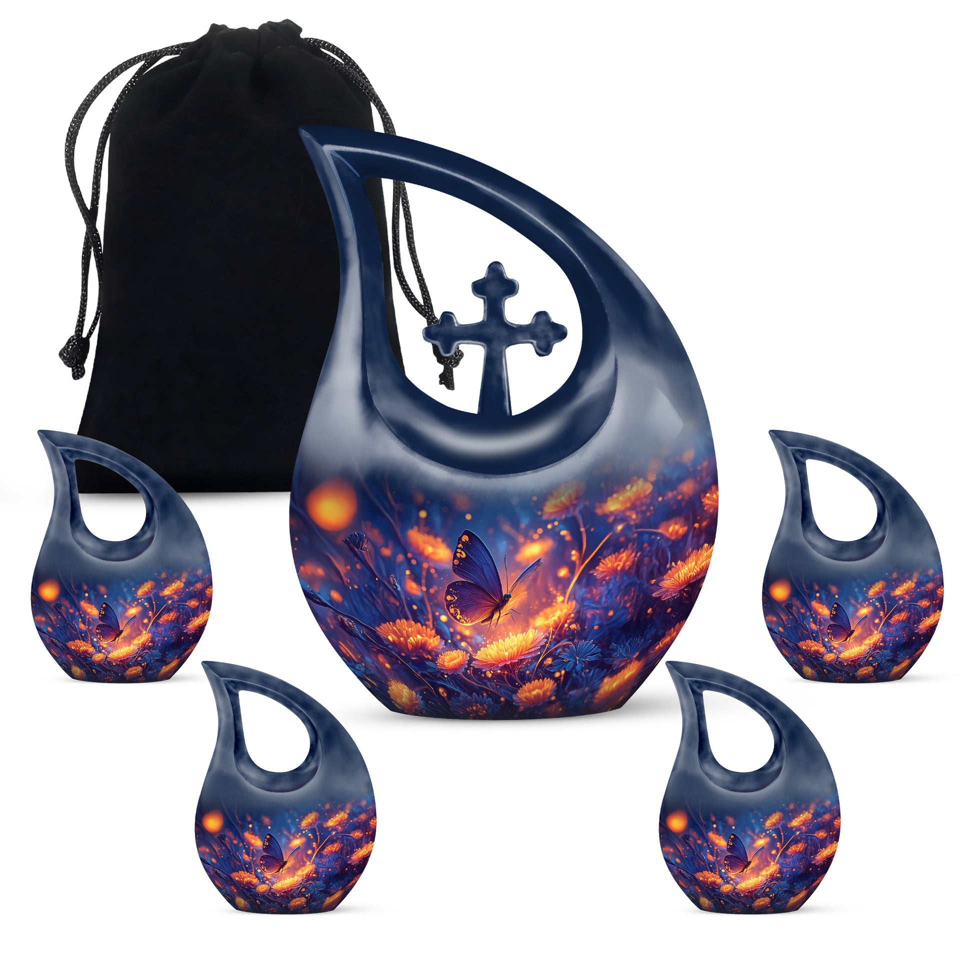 Twilight Blue Butterfly Cremation Urn urn with complimentary velvet bag - devotional cross-drop butterfly engraving - memorial set with one large and four small urns