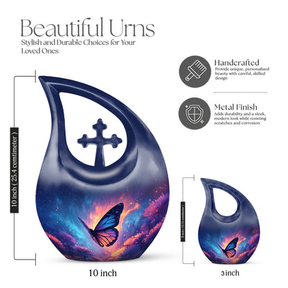 Icy Blue Butterfly Cremation Urn back view with polished surface - cross and butterfly combined in spiritual memorial design - mini keepsake memorial for portion of cremation ashes
