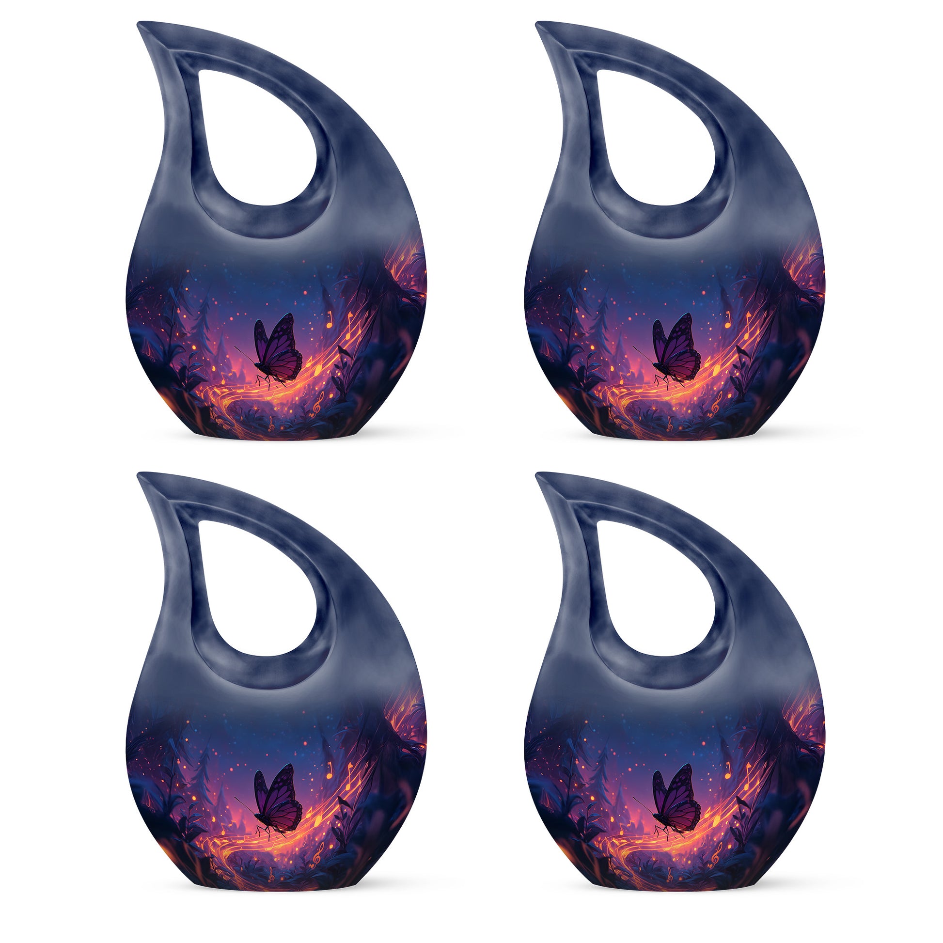 Azure Butterfly Cremation Urn lifestyle display on memorial shelf - cross and butterfly combined in spiritual memorial design - 10 inch aluminum urn for cremated remains