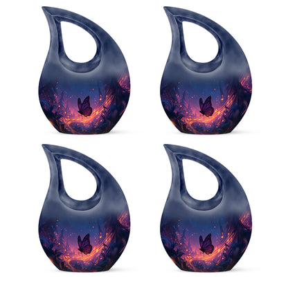 Azure Butterfly Cremation Urn lifestyle display on memorial shelf - cross and butterfly combined in spiritual memorial design - 10 inch aluminum urn for cremated remains